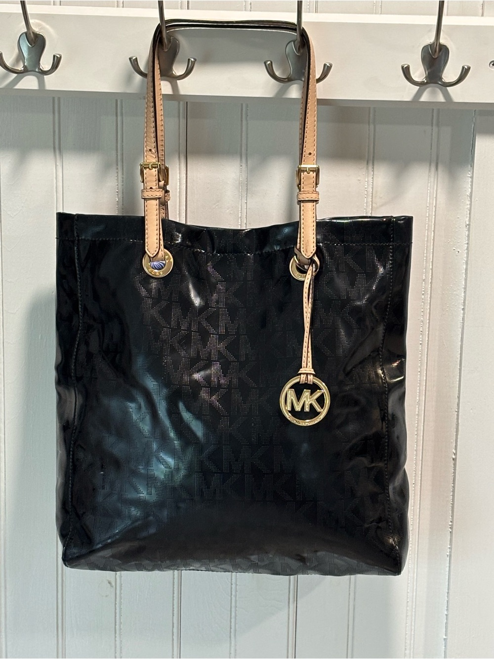 Michael Kors Black Patent MK Logo Tote with Tan Handles
